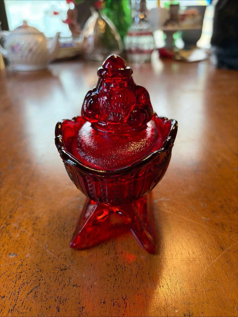 Vintage Westmoreland Ruby Red Glass Santa on Sleigh Candy Dish